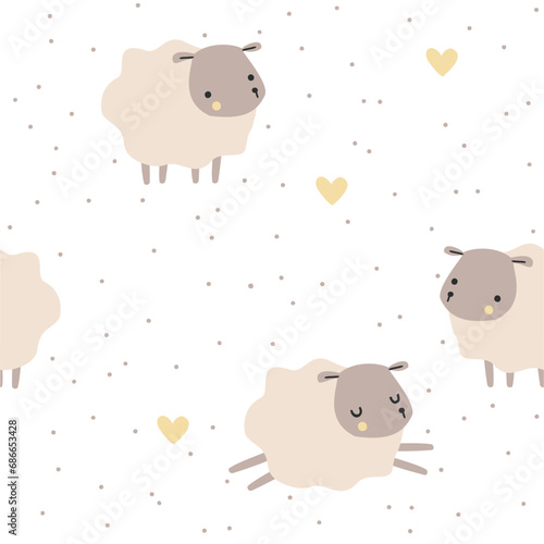 Vector kids seamless pattern with cute lambss on a white background. Neutral pastel colors. 