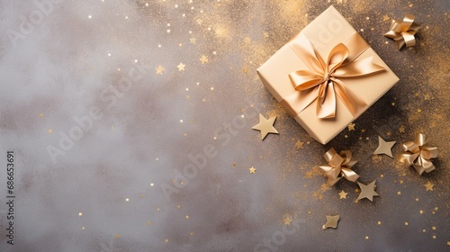 flat lay of many golden gift boxs for Happy New year celebration on black background with copy space