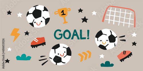 Football kids clipart. Soccerballs, boots, goal, win cup, stars on a beige background. 