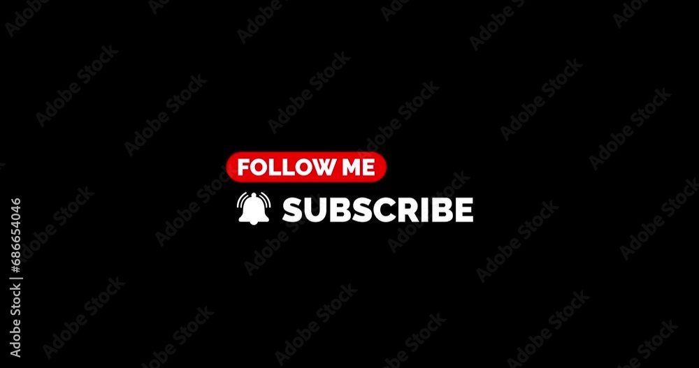 Social Media Subscribe Title. Follow me and subscribe textes, big notification icon, red and white color. Dynamic and fast animation, 4K resolution