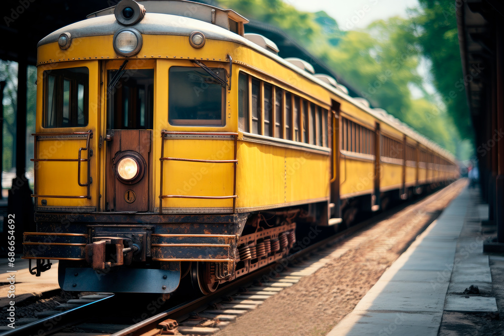 Fototapeta premium Railway station with yellow train. Travel concept.