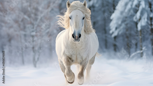 Beautiful snowy white horse running in a snow field