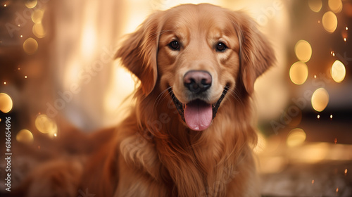 Happy smiling golden retriever dog, pet animal close-up photo, Generative AI