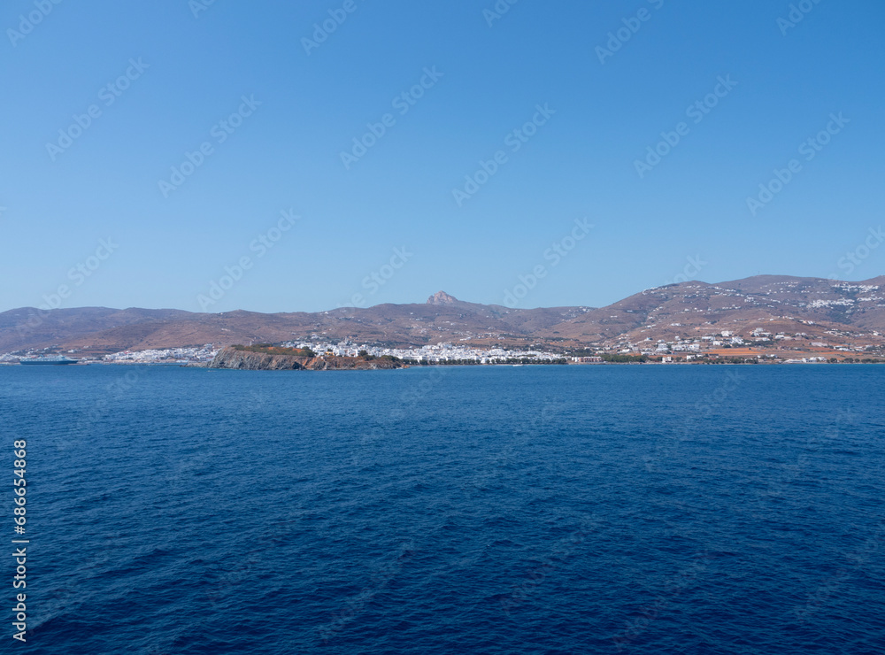 Panoramic view of the capital of Tinos island from the Aegean Sea