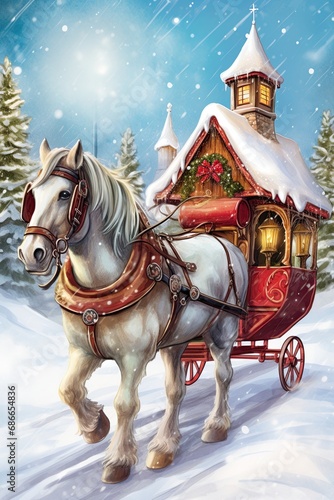 Horse pulling Christmas carriage with gifts and presents. Postcard style design. Generative Ai