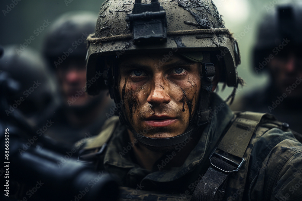 Close-up of a soldier with camouflage paint on face, wearing a helmet, looking intently, with blurred comrades in the background. Close-up of a soldier with camouflage paint on face, wearing a helmet, looking intently, with blurred comrades in the background.