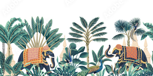 Indian elephant, peacock, palm tree, architecture, plant, tropical leaf floral seamless border white background. Vintage botanical jungle mural.	