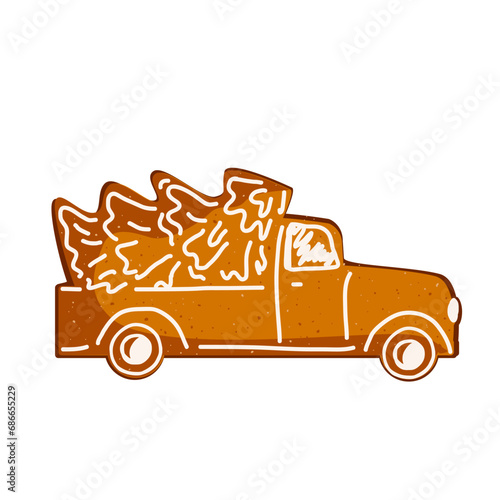 Christmas retro truck with a Christmas tree gingerbread cookie with white icing isolated on white background, vector illustration