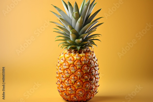 Fresh pineapple on a yellow background with copy space.