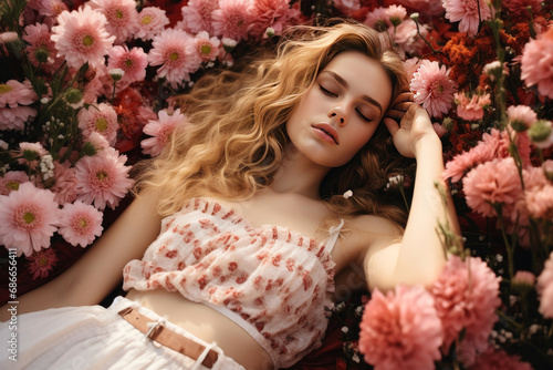 Portrait of a beautiful young woman resting happily amidst a field of flowers. Fashionable of beautiful young woman lying in a in a flowers field.