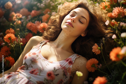 Portrait of a beautiful young woman resting happily amidst a field of flowers. Fashionable of beautiful young woman lying in a in a flowers field. photo