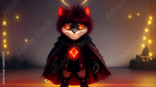 赤く輝く目と赤いマントのロックなキャラクター｜A rock character with glowing red eyes and a red cape. Generative AI photo