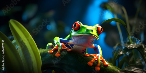 A frog with a red eye sits on a branch in a jungle with blur forest background 