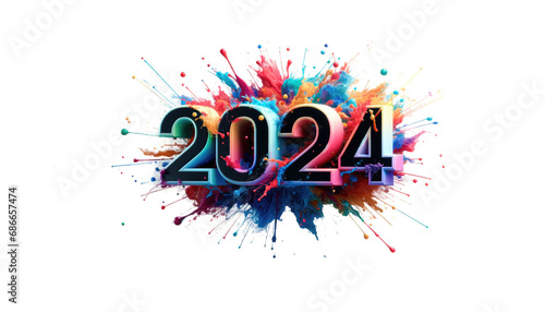 A 3D digital art piece showing the text '2024' with a colorful paint splash effect on a white background