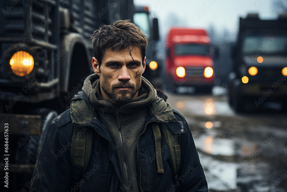 Young man with a serious expression standing in an urban setting with trucks and buses in the background on a gloomy day. Young man with a serious expression standing in an urban setting with trucks and buses in the background on a gloomy day.