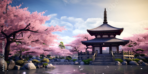 Digital composite of chureito pagoda with cherry blossoms in background