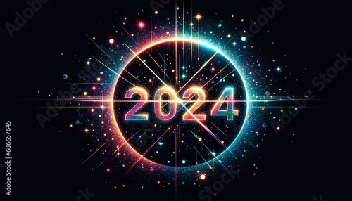 A digital art piece showing the text '2024' with a colorful sparkle effect on a black background