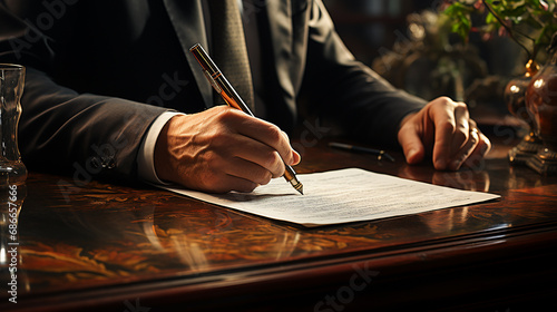 Close up young businessman standing near table with pen in hands, ready signing profitable offer agreement after checking contract terms of conditions, executive manager involved in legal paperwork. photo