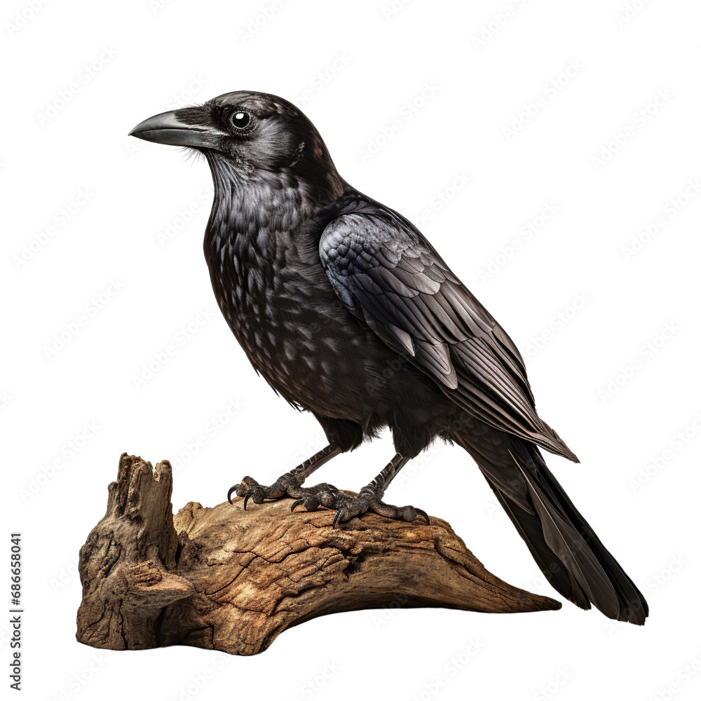 Black raven standing on the wooden branch, isolated on white background Black raven standing on the wooden branch, isolated on white background