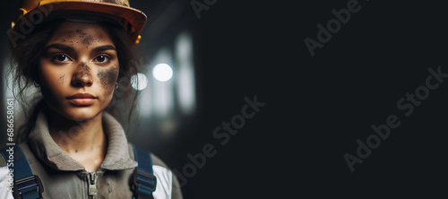 Close Up Portrait of Beautiful Female Fabricator in Blue Jumpsuit and Safety Mask. Generative AI. photo