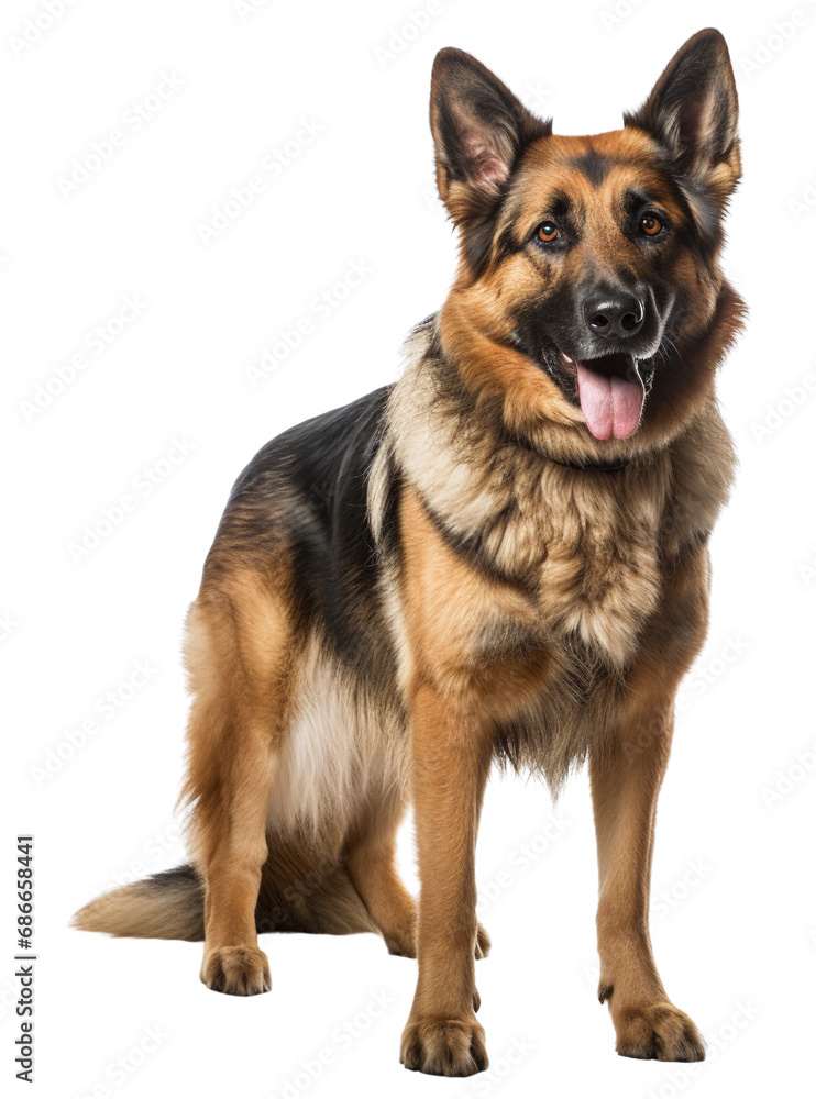 German shepherd dog with brown and black fur standing isolated on white background