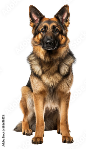 German shepherd dog with brown and black fur standing isolated on white background