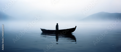 A lonely man standing in a boat in the middle of a lake. Overcast, foggy wheather. photo