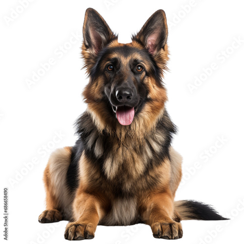 German shepherd dog with brown and black fur sitting isolated on white background photo