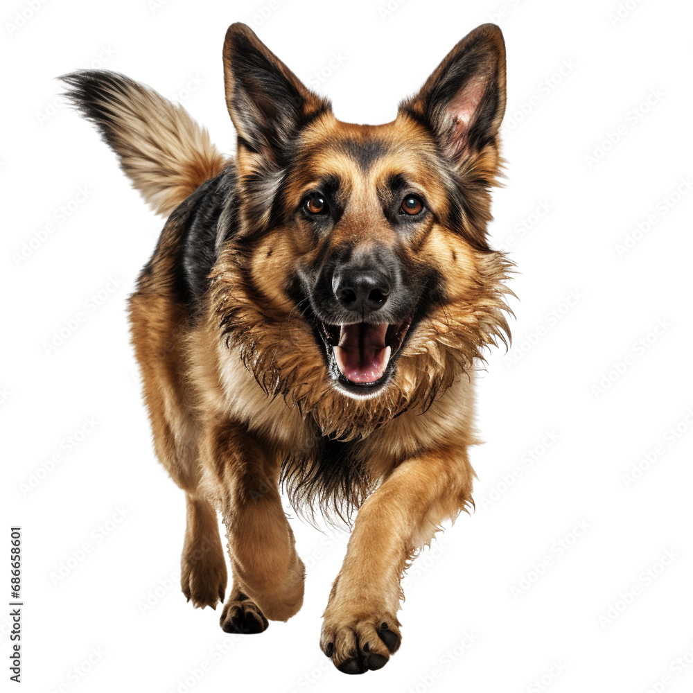 German shepherd dog with brown and black fur running isolated on white background