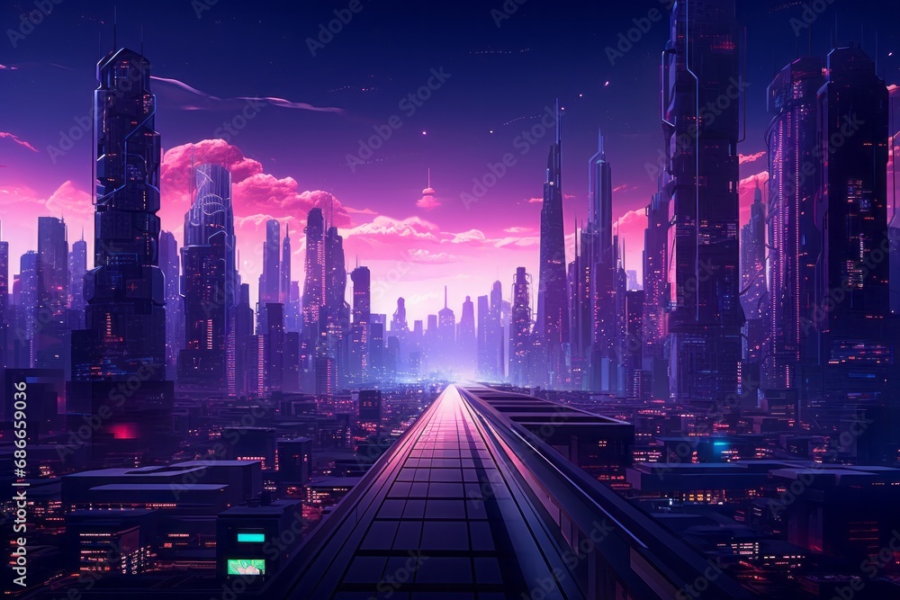 Synthwave-themed gigantic building, bathed in purple hues, embodying a blend of retro style and futuristic architecture.