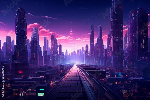Synthwave-themed gigantic building, bathed in purple hues, embodying a blend of retro style and futuristic architecture.