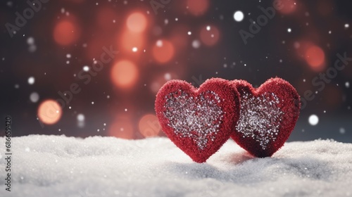 Glittering Red Hearts Lined on Snow - Symbol of Romantic Love and Warmth. Generative AI