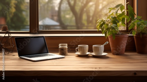 Workspace with notebook computer, blank screen and office equipment on wooden table