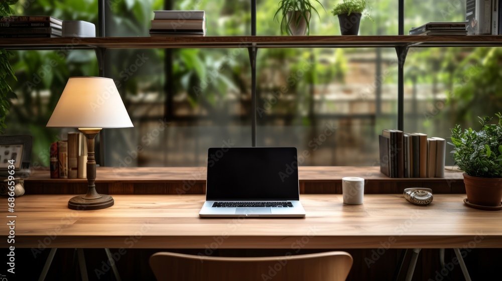 Workspace with notebook computer, blank screen and office equipment on wooden table Workspace with notebook computer, blank screen and office equipment on wooden table