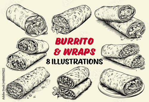 Collection of drawn burrito and wraps. Sketch illustration