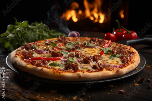 Freshly baked pizza with melted cheese and toppings on a wooden board with warm, ambient lighting.