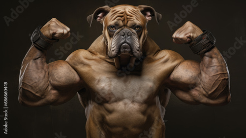Portrait of  strongman dog, athletic bodybuilder, fitness concept art, abstract surrealistic animal in human pose