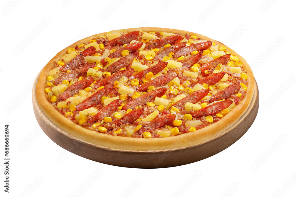 slice of corn and sausage pizza on white background slice of corn and sausage pizza on white background