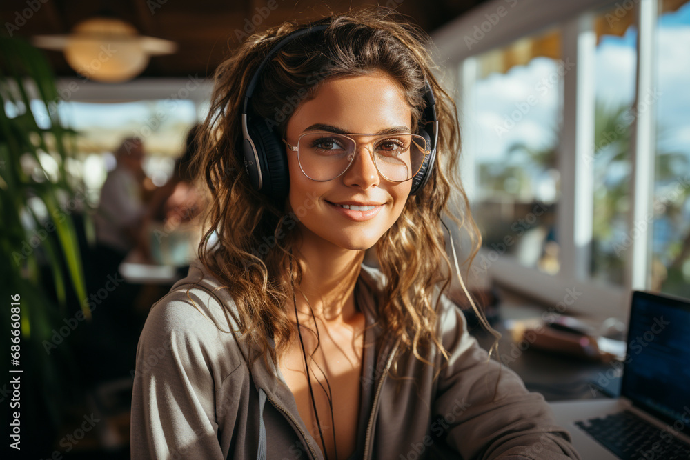 Fashionable woman in sunglasses, working on a laptop against the background of tropical hotel sea view. Concept of leisure and travel. AI Generative Fashionable woman in sunglasses, working on a laptop against the background of tropical hotel sea view. Concept of leisure and travel. AI Generative