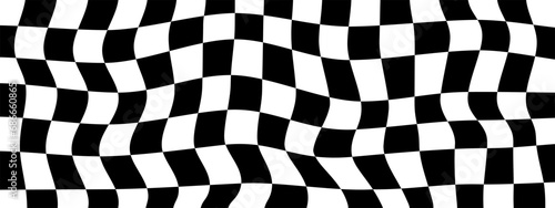 Black and white psychedelic checkerboard background. Hippie, retro chessboard template