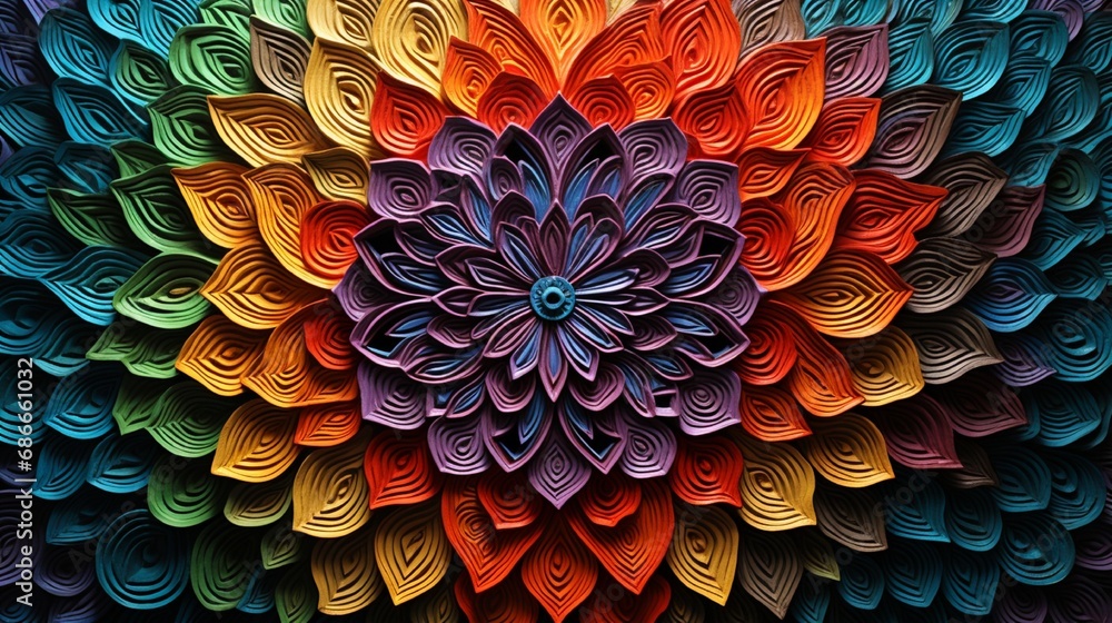 A wall texture visualizing a three-dimensional colorful mandala, its intricate patterns seemingly in constant, subtle motion. A wall texture visualizing a three-dimensional colorful mandala, its intricate patterns seemingly in constant, subtle motion.