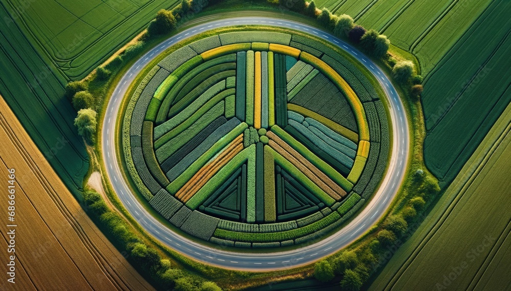 An aerial view reveals a breathtaking agricultural tapestry where crops are artfully arranged to form the peace symbol, encircled by a road. 