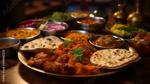 Assorted indian food on restaurant table. Indian cuisine