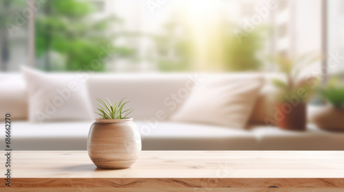 Close-up of modern minimalistic living room with sofa and table in front of sofa against blurred background