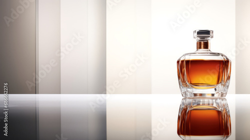 Beautiful bright minimalist background with transparent decanter of whiskey, cognac or bourbon with empty space for text or inscriptions, front view.generative ai
 photo