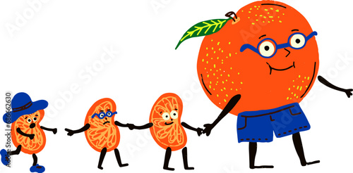 A family of tangerines, the father leads the children holding hands. Drawing in cartoon style, texture of chalk, pencil. Vector.