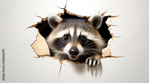surprised curious raccoon looks out of a hole, on a white background