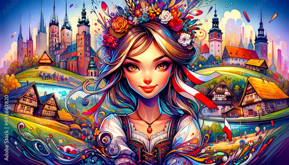 Animated-style portrait of a girl from Poland, designed as a desktop wallpaper in a 16:9 aspect ratio. Animated-style portrait of a girl from Poland, designed as a desktop wallpaper in a 16:9 aspect ratio.