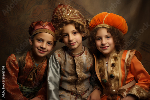 Purim concept - children wear traditional purim costumes photo