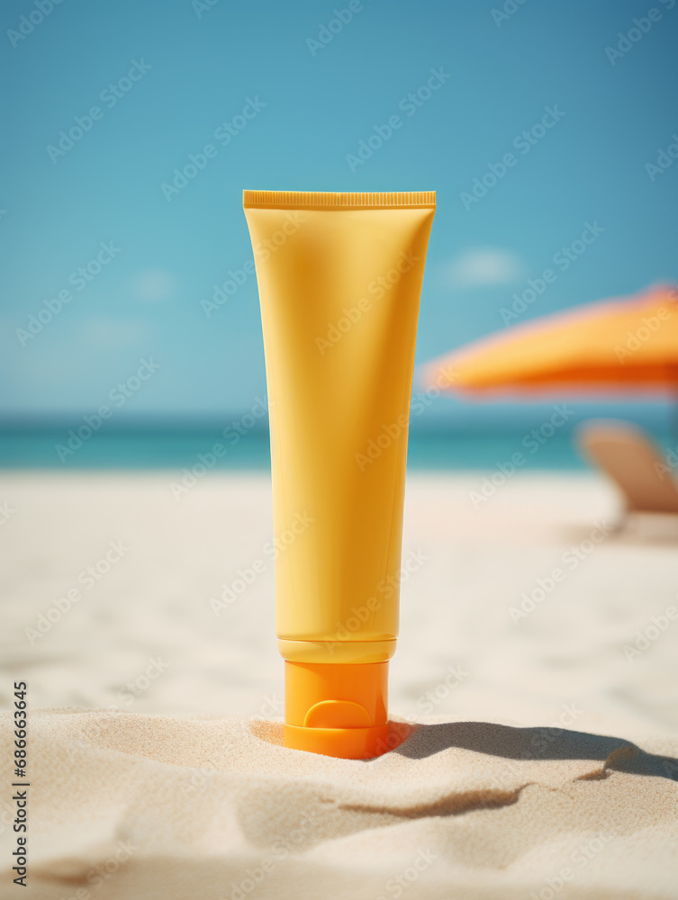 Summer sunscreen cream standing on sand on beach background. Summer sunscreen cream standing on sand on beach background.